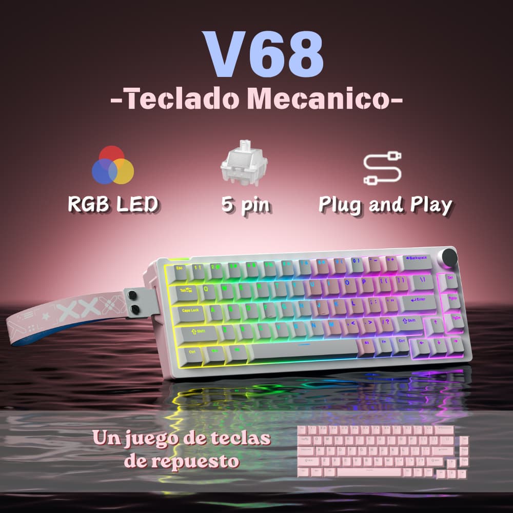 V68 Teclado mecânico 60% RGB hot-swap Software NKRO com fio botão giratório ergonomia jogos escritório win mac laptop