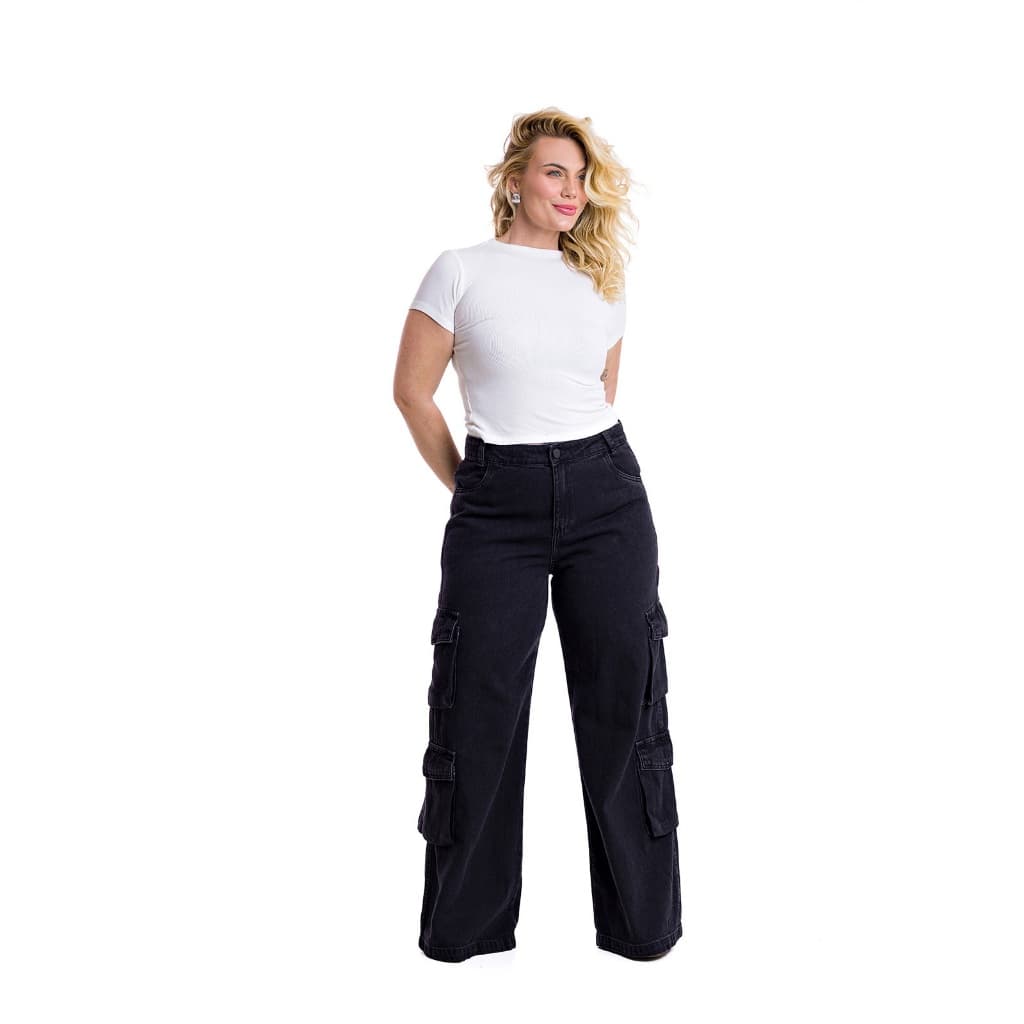 Calça Pantalona Plus Size Jeans Estonado com Bolsos Cargo Premium Estilosa
