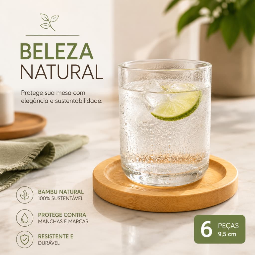 Kit 6 Porta Copos de Bambu Natural 9,5cm Descanso para Copos e Canecas Protege Mesa Resistente ao Calor