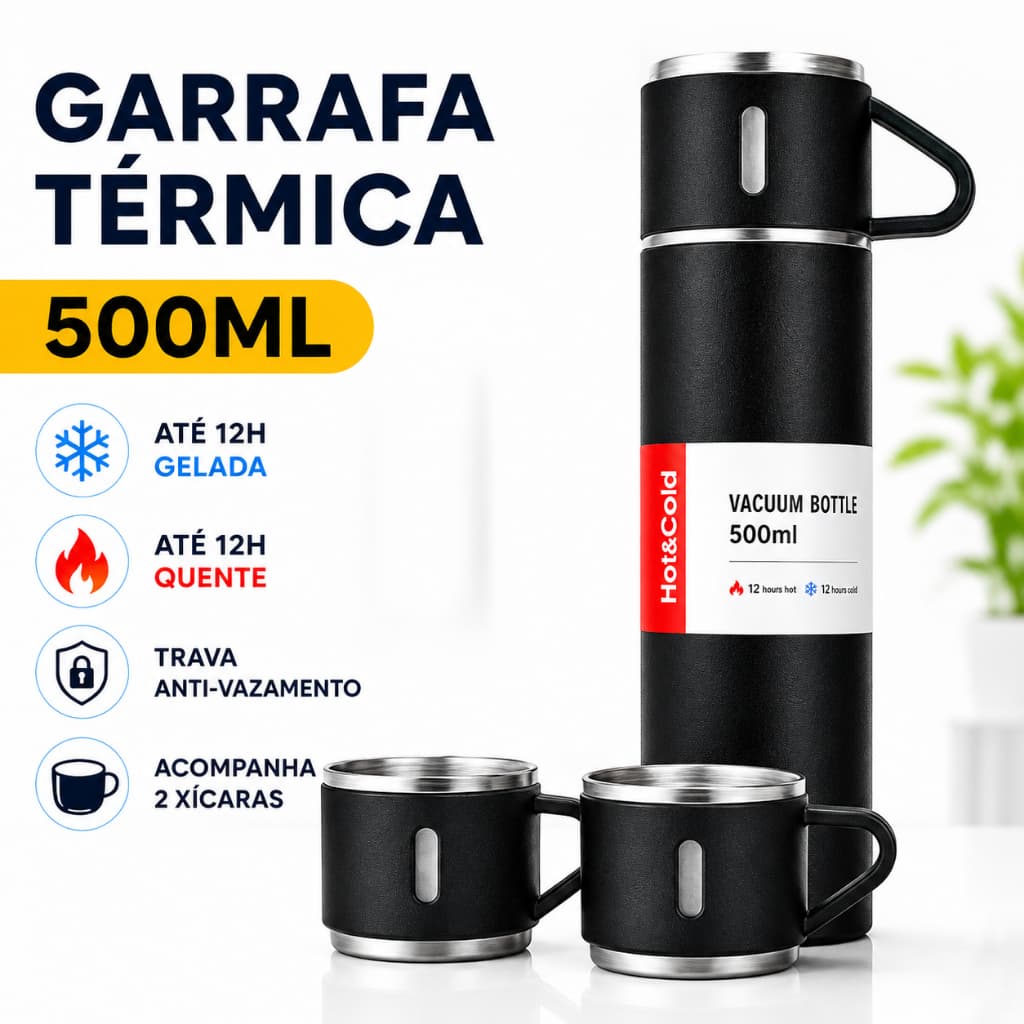 Garrafa Térmica Inox 500ml com 2 Xícaras | Mantém Quente e Frio até 12H | Anti Vazamento | Vacuum Flask