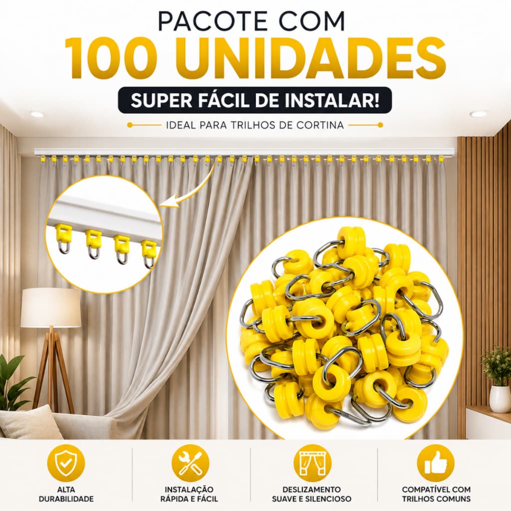 Rodizio Gancho P/ Trilho De Cortina Kit 100 Peças MS