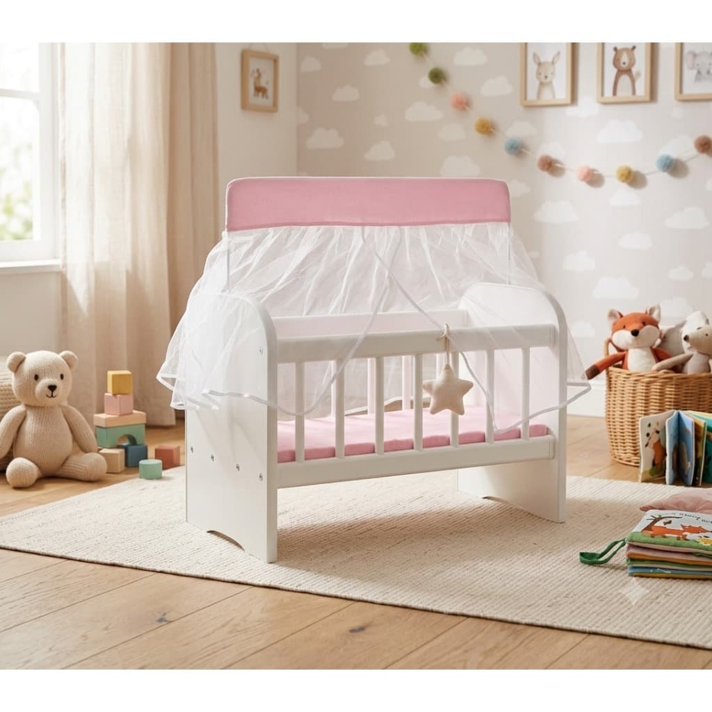 Berço de Boneca com Colchão e Véu Mosquiteiro – Brinquedo Infantil