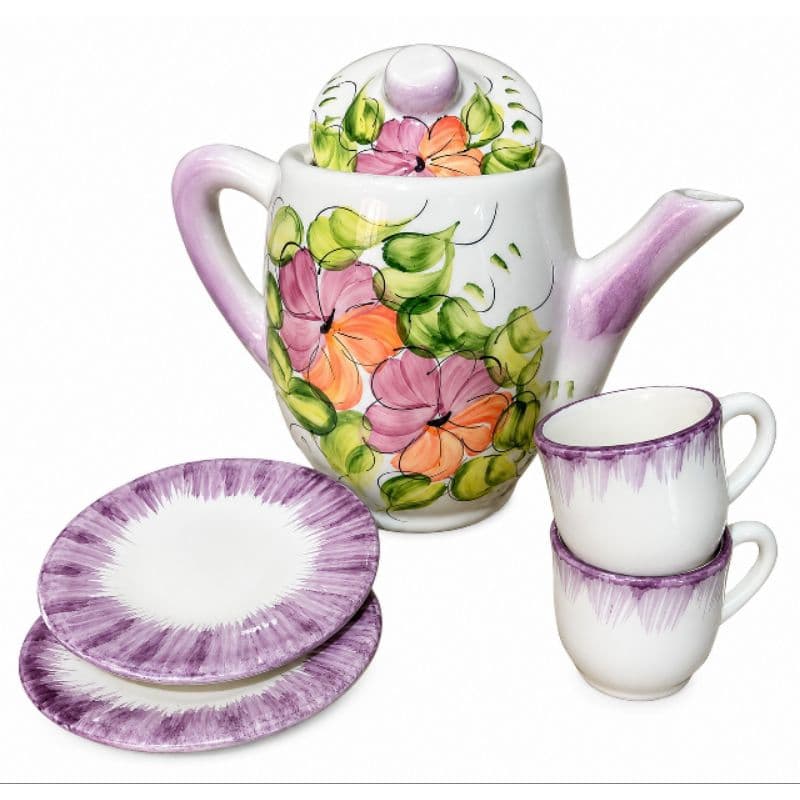 Jogo Café Porcelana Bule 1 Litro 2 Xícaras 50ml 2 Pires Pintado à Mão Esmaltado Conjunto Chá Café Mesa Posta