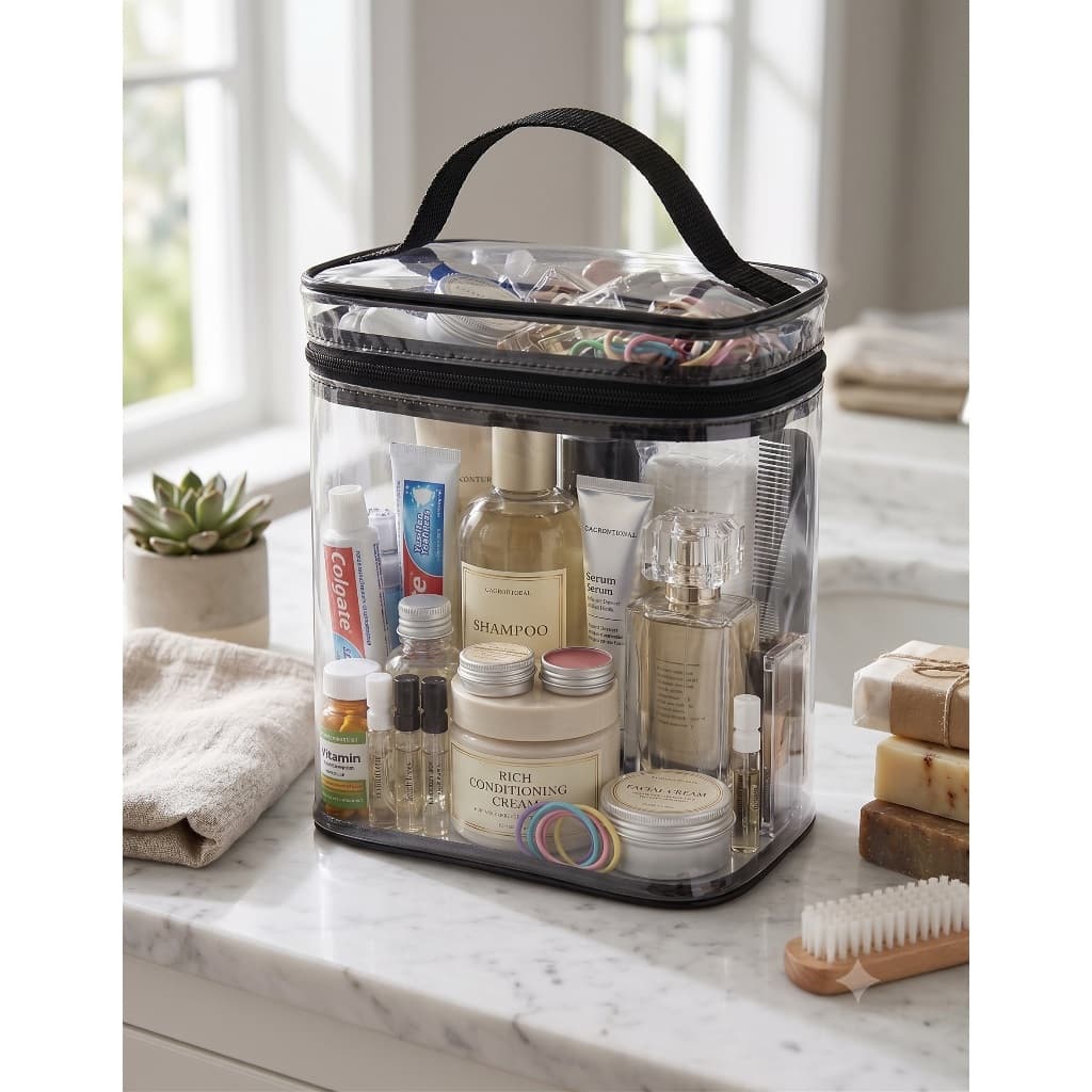 PORTA SHAMPOO NECESSAIRE ORGANIZADORA TRANSPARENTE CRISTAL COM FRISO PRETO IMPERMEÁVEL PARA VIAGEM