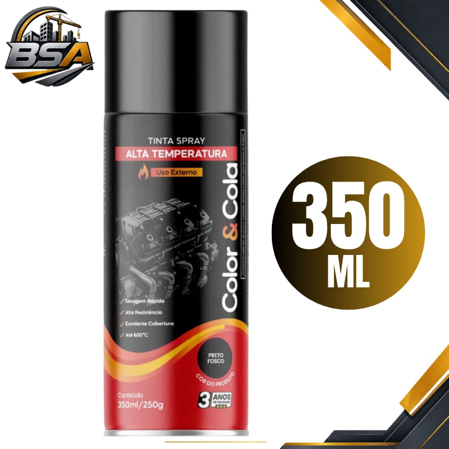 Tinta Spray Alta Temperatura Preto Fosco Uso Geral Forno Microondas Automotiva 350ml