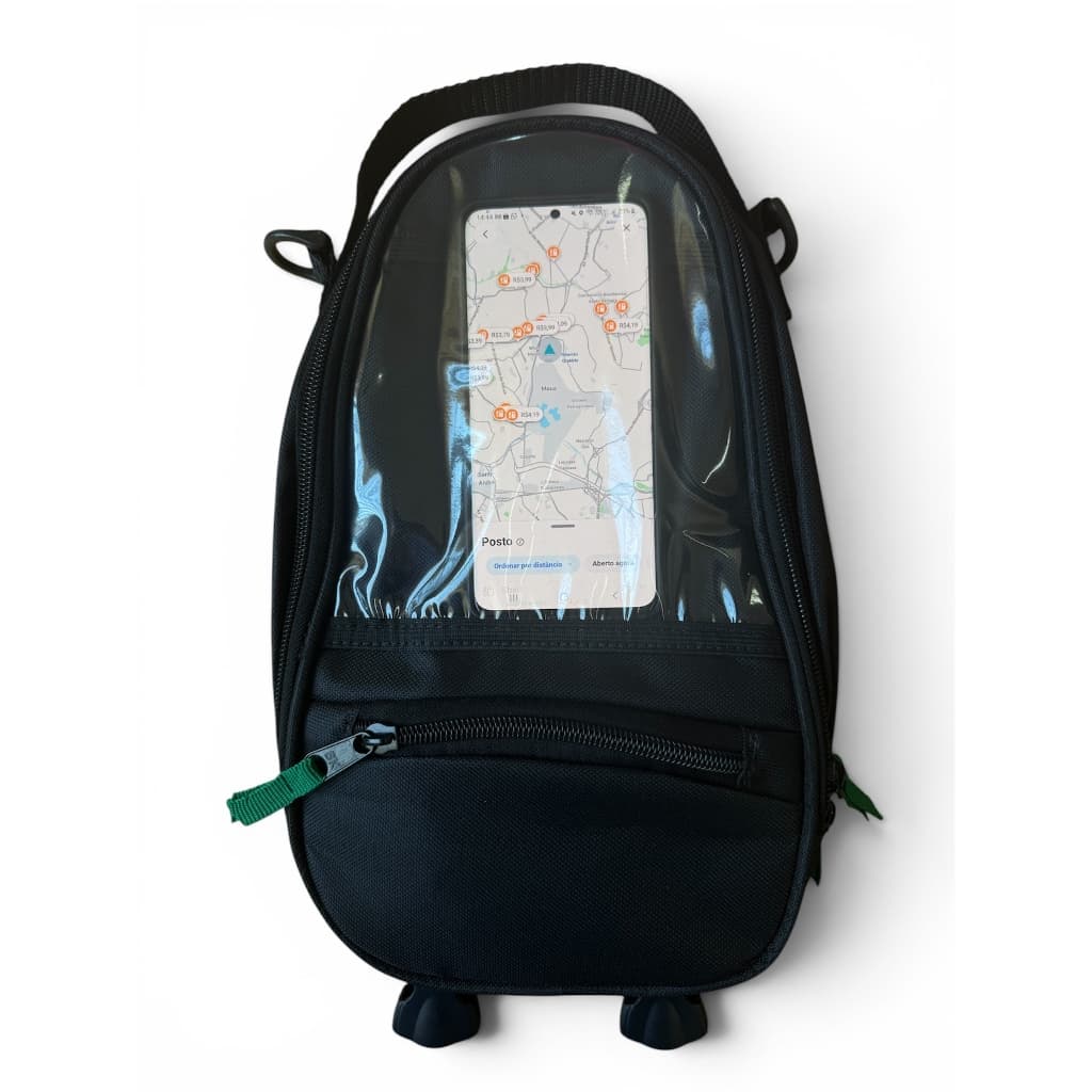 Bolsa tanque moto alforge com imã nas abas acesso ao celular navegação GPS