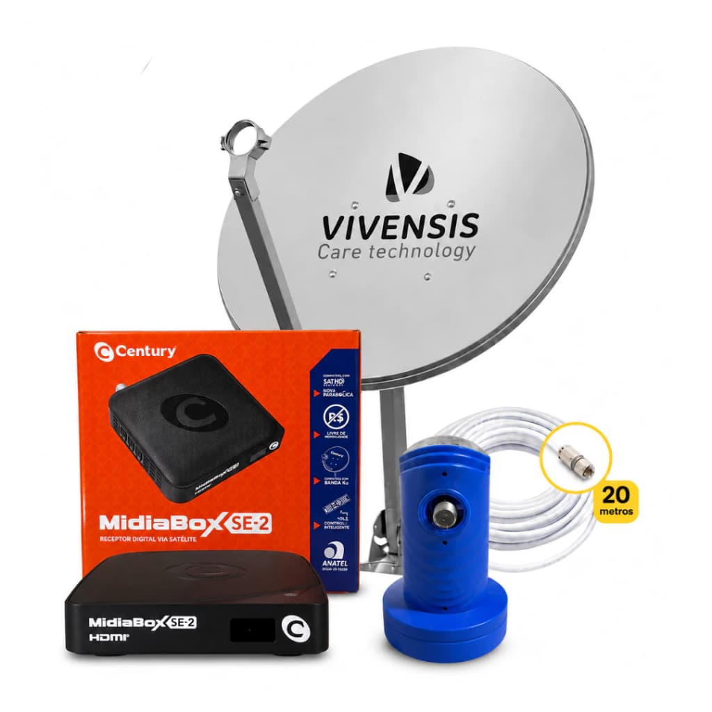 KIT ANTENA PARABÓLICA DIGITAL RECEPTOR CENTURY MIDIABOX SE-2, CABO 20 METROS, LNBF E ANTENA VIVENSIS 60 CM