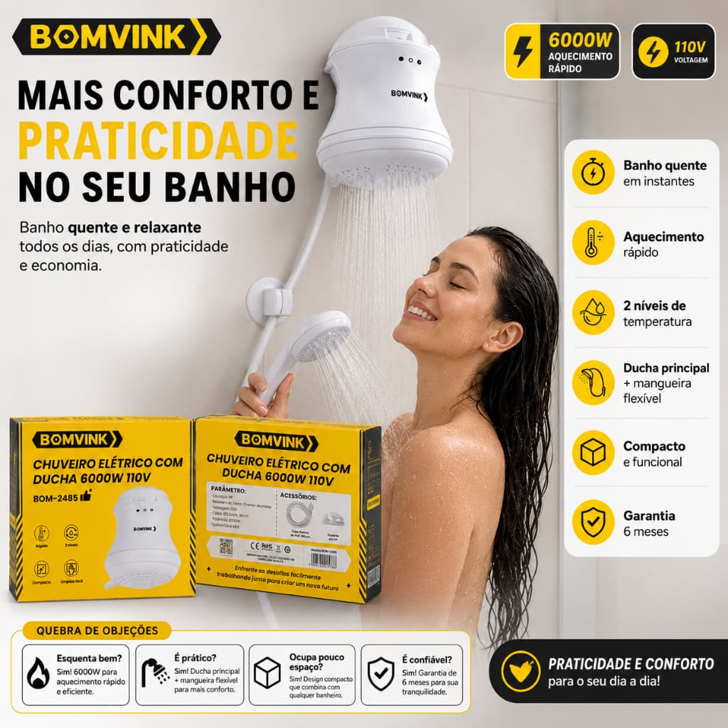 Chuveiro Elétrico Bomvink BOM-2485 6000W 110V Branco Com Ducha Manual Mangueira