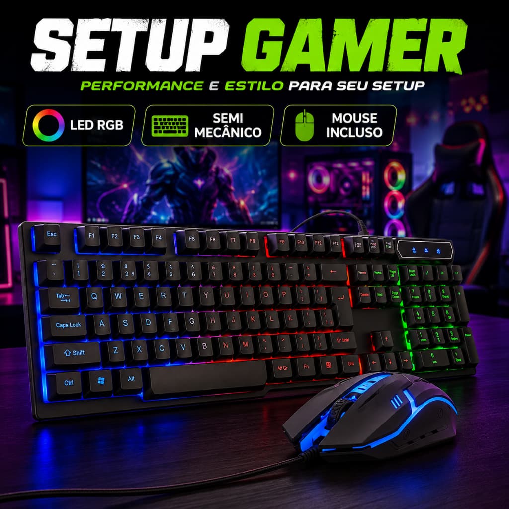 Kit Teclado e Mouse Gamer Semi Mecânico LED RGB USB ABNT2