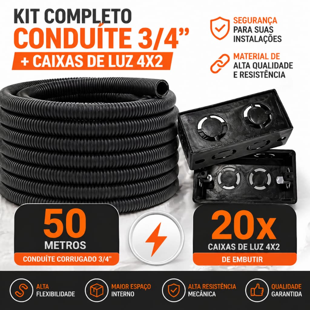 Kit Conduíte Corrugado 50 Metros Reforçado 3/4 + 20 Unidades Caixa De Luz 4x2 Preta de Embutir