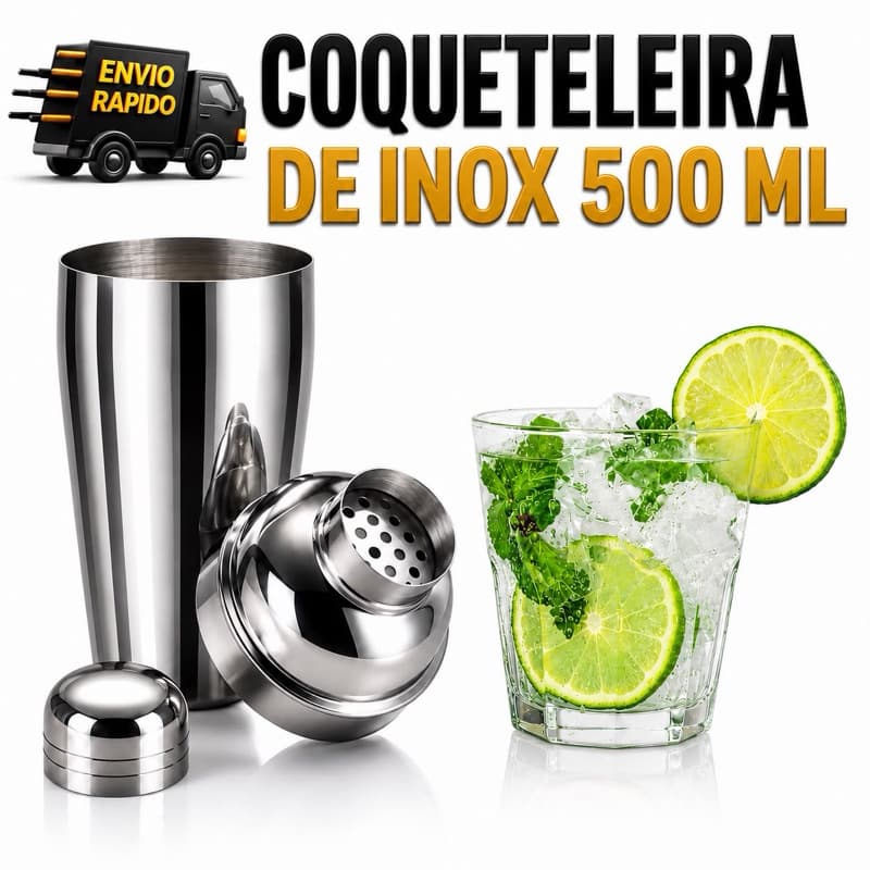 Coqueteleira Inox Giftutil 500ml para Drinks, Caipirinhas e Coquetéis Ideal para Bartenders, Bares e Uso em Casa