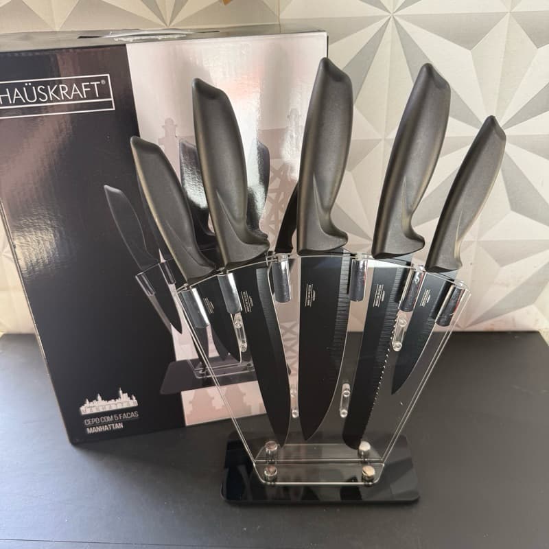 Jogo de faca preta com 6 peças e suporte de acrílico para cozinha manhattan faca de pão legumes chef preto facas kit