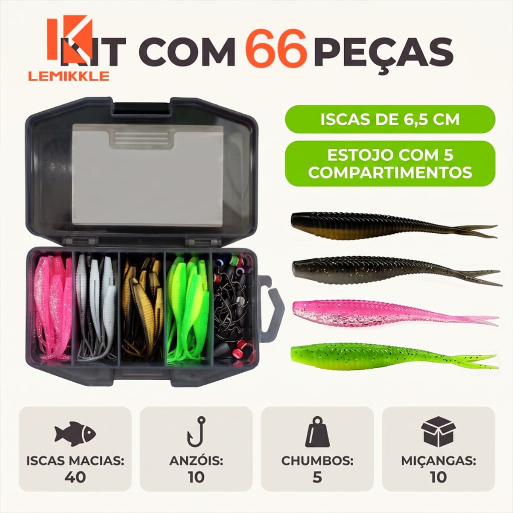 LEMIKKLE - Conjunto de 66 peças de gancho de isca macia de cauda T Para Pesca com isca artificial