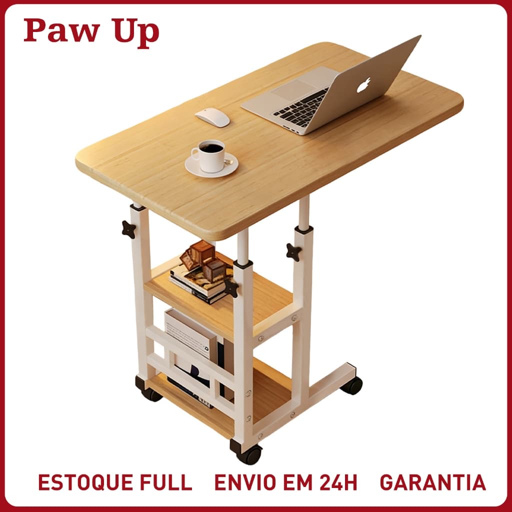 Mesa Multiuso com 3 Prateleiras — Altura Regulável, Rodinhas, Cantos Seguros, Ideal para Notebook, Tablet, Livros e Plan