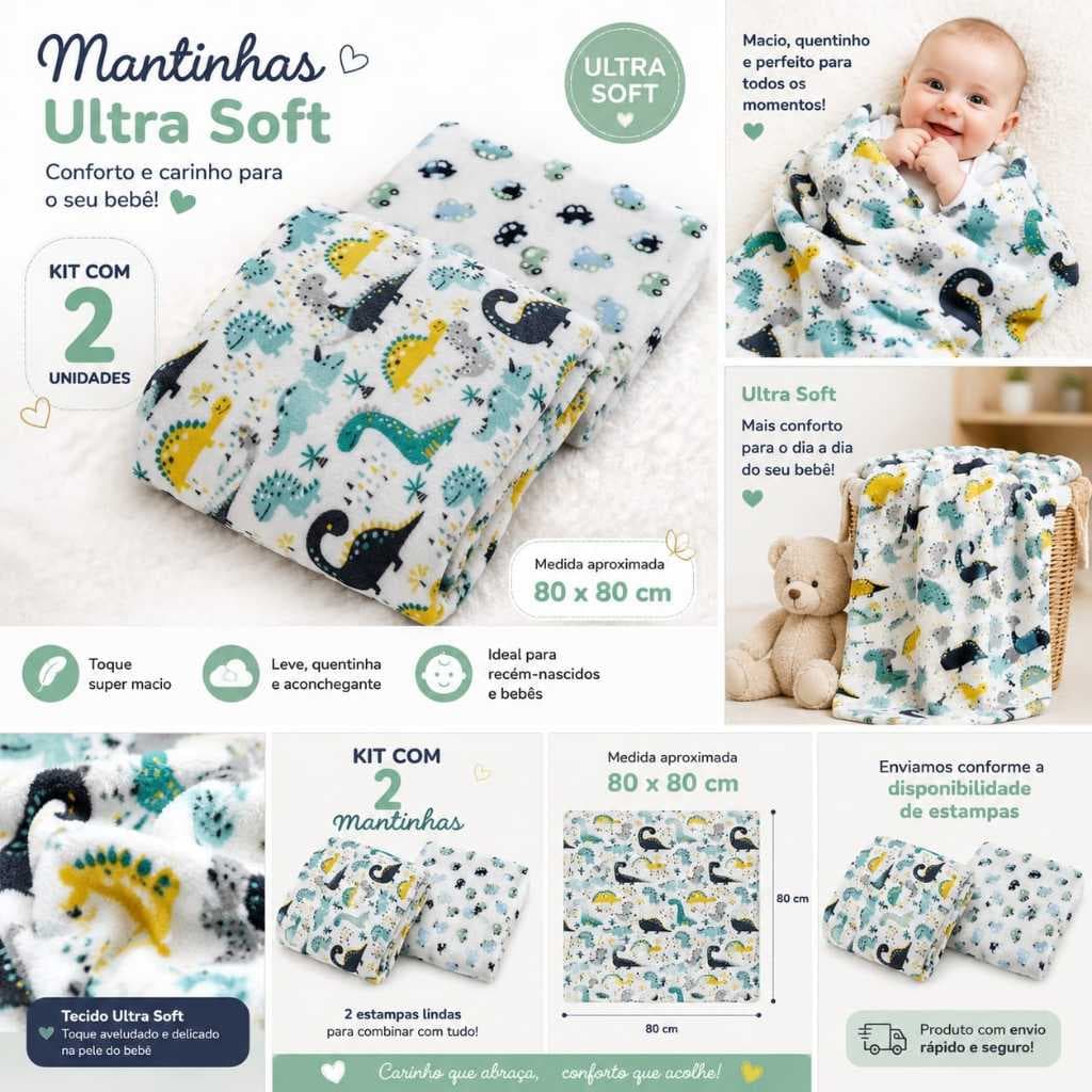 Kit 02 Mantinhas Cobertor Bebê Menina e Menino Macia Quentinha Premium