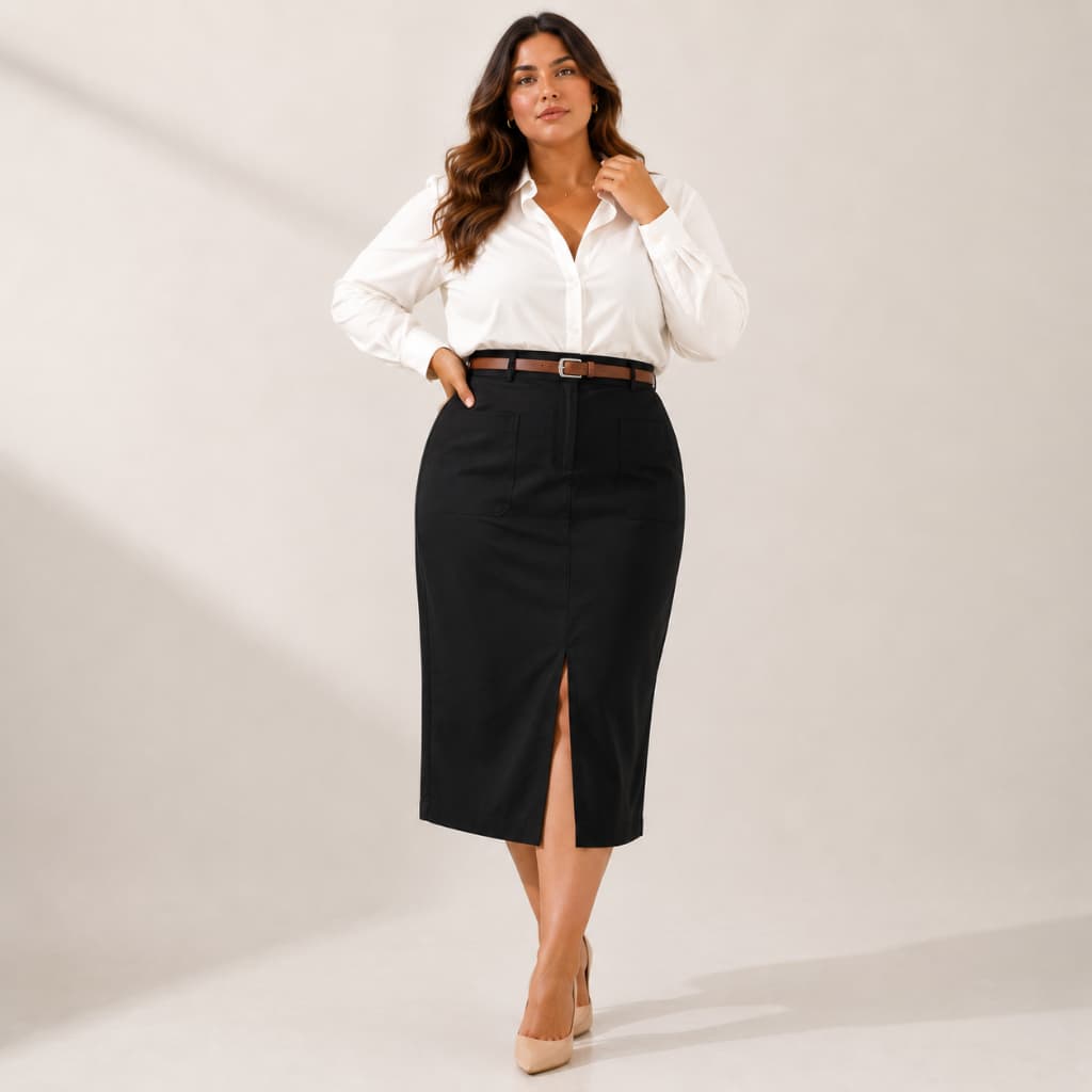 Saia Midi Alfaiataria Bolsos Frontais Plus Size Cintura Alta Acompanha Cinto Caramelo