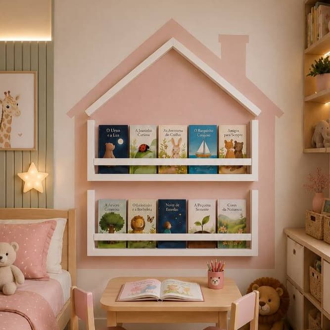 PRATELEIRA INFANTIL 40CM MDF BRANCO EM FORMATO DE CASINHA COM DUAS PRATELEIRAS PORTA LIVROS ORGANIZAÇÃO