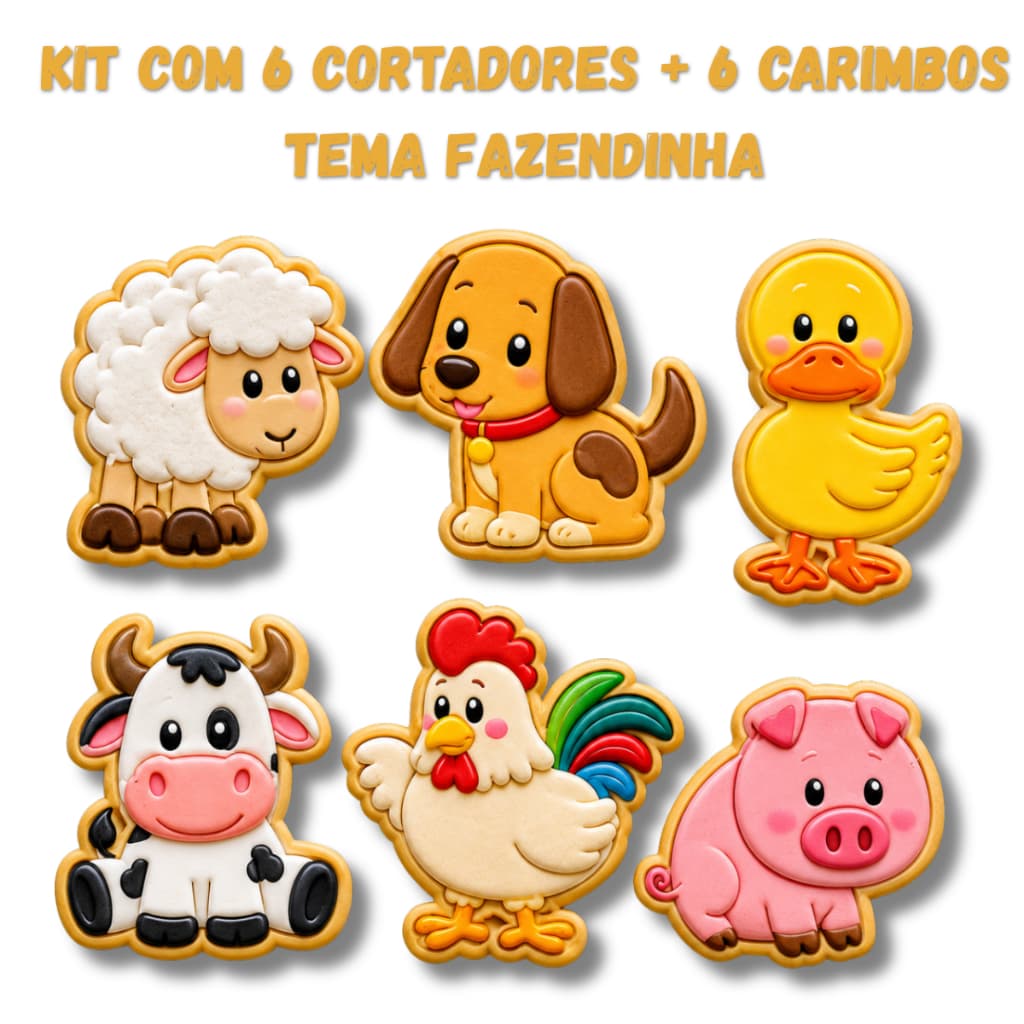 Kit 6 Cortadores de biscoito e marcadores Fazendinha - Cookie, Pasta americana, Confeitaria