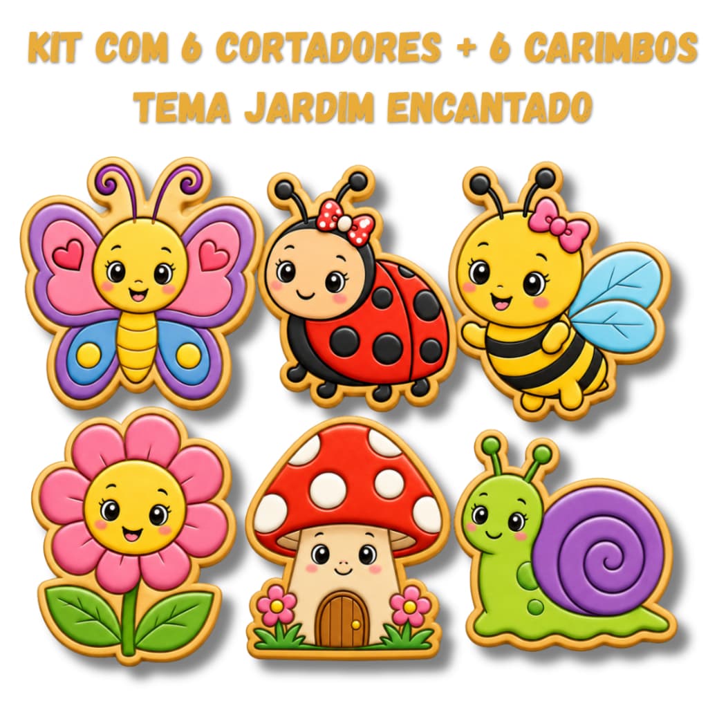 Kit 6 Cortadores de biscoito e marcadores Jardim Encantado - Cookie, Pasta americana, Confeitaria