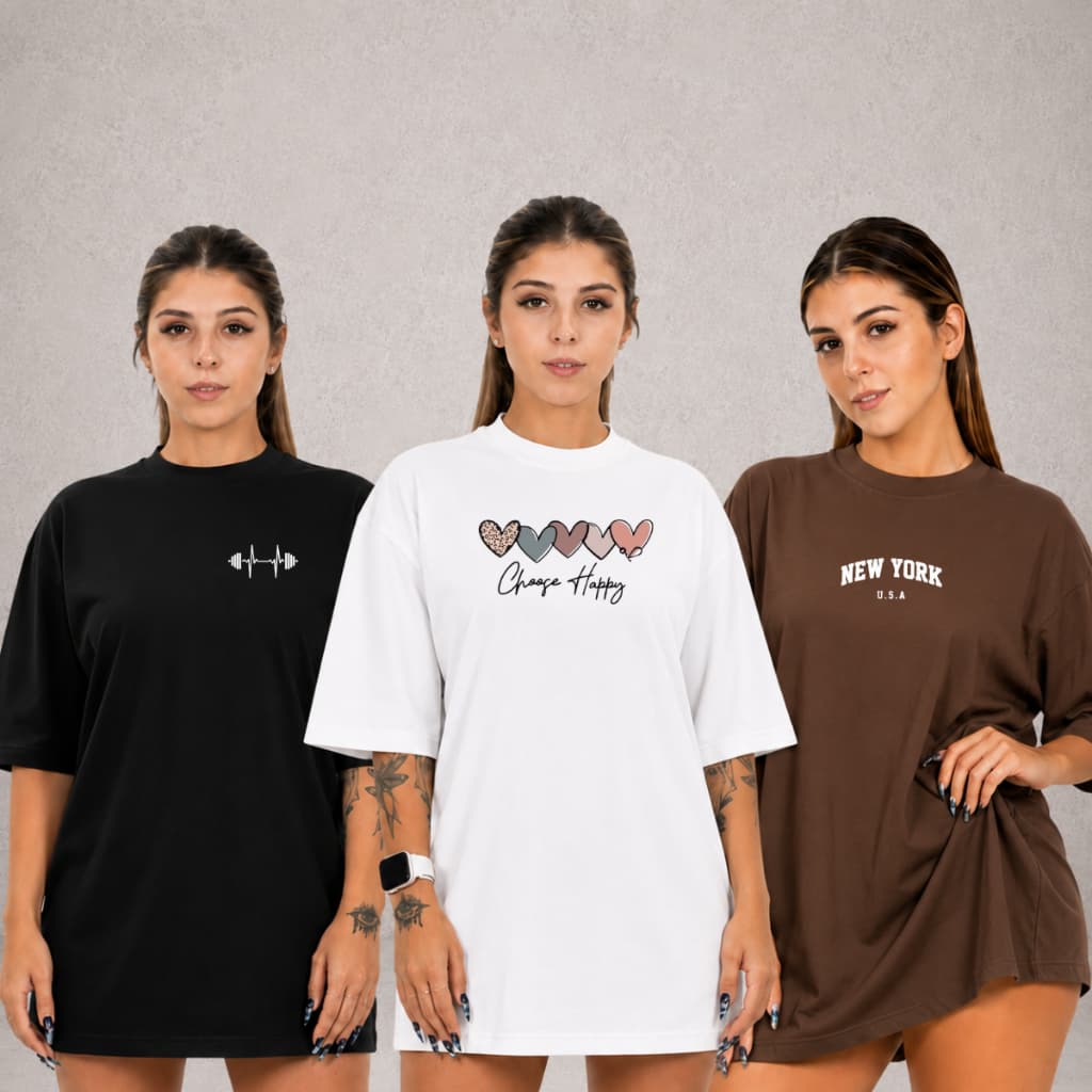 Kit 3 T-Shirt Feminina Plus Estanpado ktf 4  Size P ao G5 Algodão Gola Redonda Camiseta Básica Modelagem Soltinha