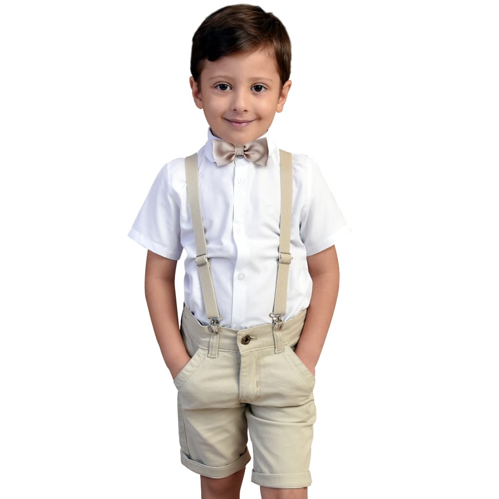 Conjunto Verão Social Infantil Para Meninos Com Manga Curta Com Variação de Gravata e Suspensório