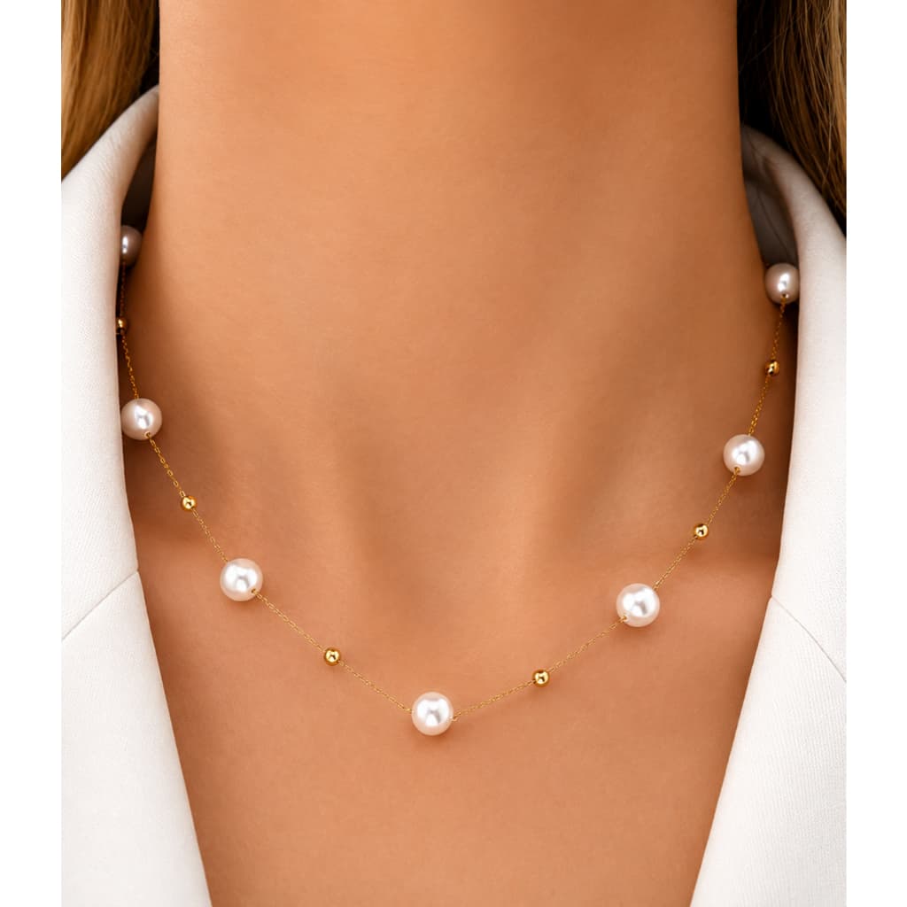 Colar Feminino Delicado com Pérolas e Corrente Dourada | Gargantilha Minimalista Elegante | Presente para Mulheres