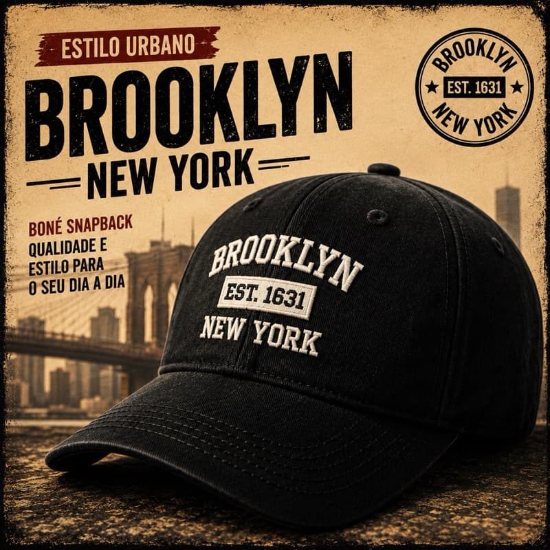 Boné Brooklyn New York NY Aba curvada SnapBack Regulável Unissex Tamanho Único boné Retrô Basebal