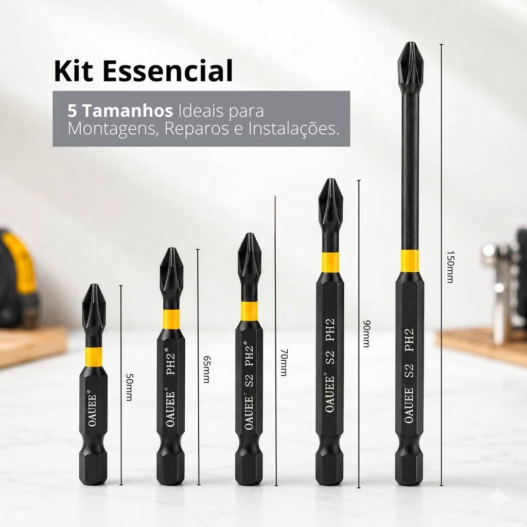 Kit 5 Bits Ponteiras Phillips PH2 Aço S2 Magnéticas Reforçado de Impacto 50 a 150mm