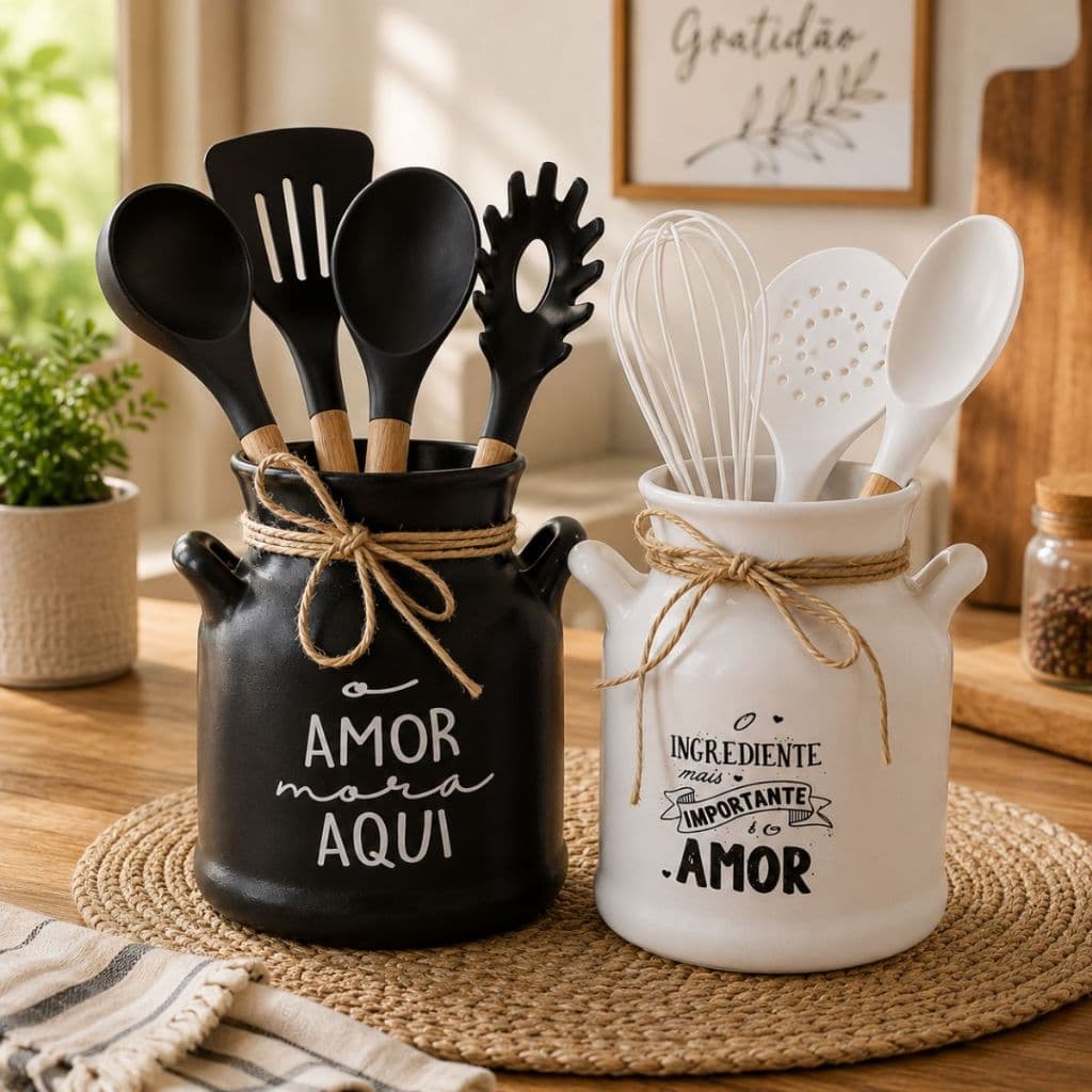 Kit 2 Porta Talher Objeto Utensilios Multiuso Ceramica Organizador Casa