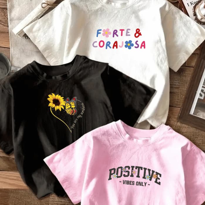 Kit 3 Camisetas Delicadas Blusas Dia a Dia Casual Passeio Promoção Presente Moda Feminina Dia a Dia