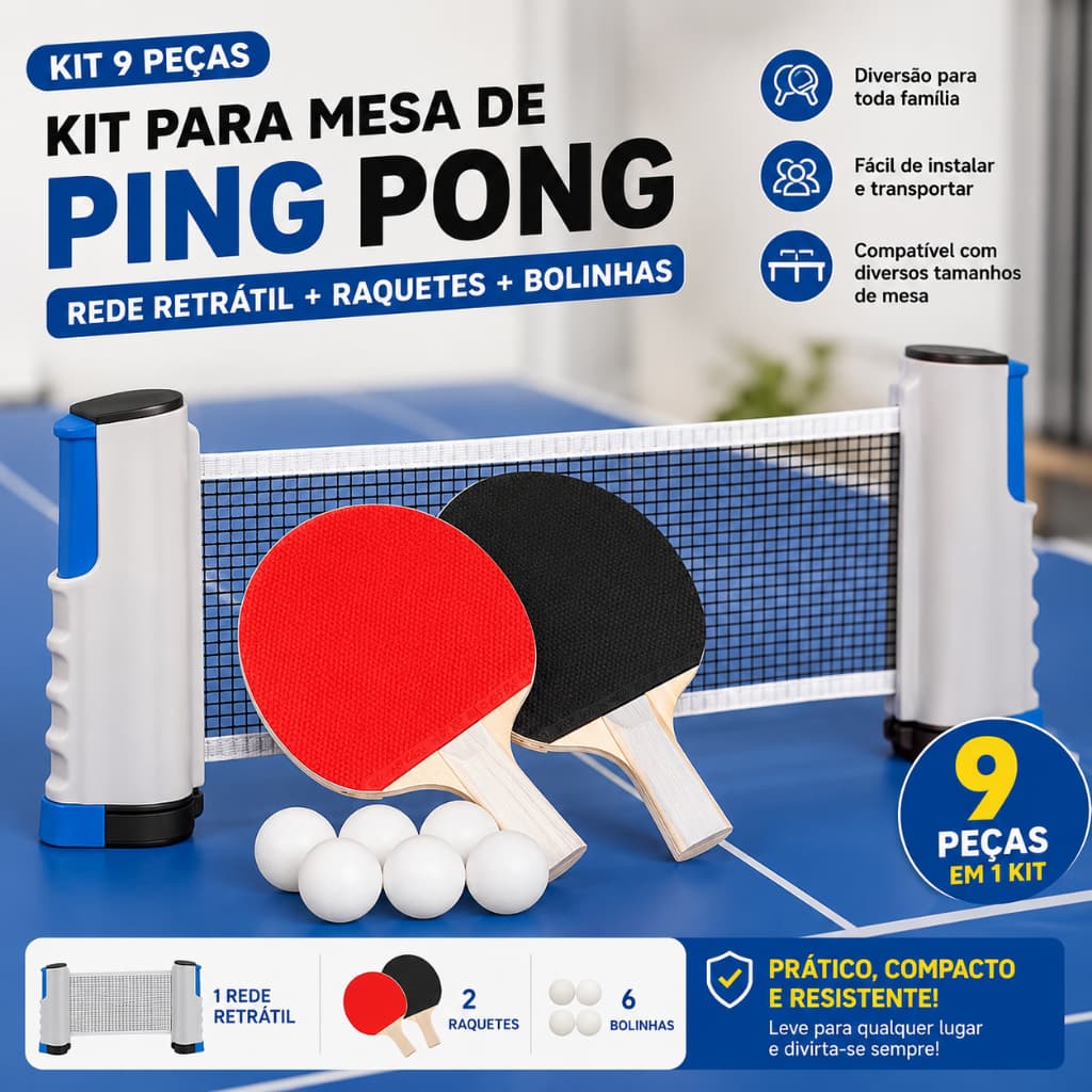 Kit Ping Pong 9 Peças com Rede Retrátil 2 Raquetes e 6 Bolinhas