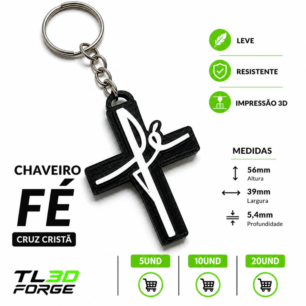 Kit Chaveiro Fé em Cruz | Lembrancinha Evangélica | Presente Cristão | 5, 10 ou 20 Unidades