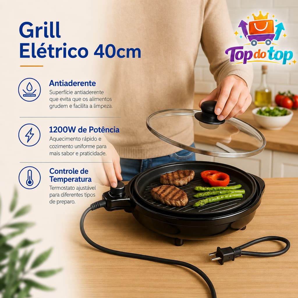 Grill Elétrico Redondo Premium com Termostato 127V Preto churrasco legumes hamburguer uniforme grelhado