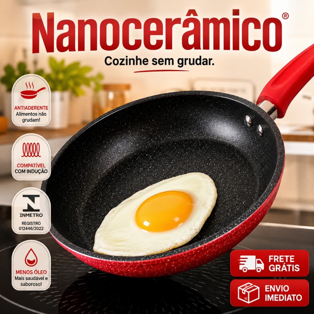 ✨Frigideira Original Antiaderente Nanoceramica 20cm, Indução Fogão Cooktop, Alta Durabilidade Vermelha, Apronta entrega.