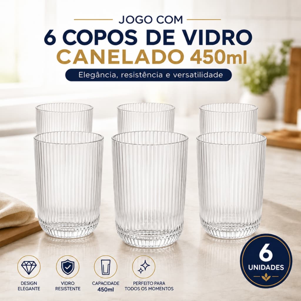 Jogo 6 Copos de Vidro Canelado 450ml Elegante Resistente para Água Suco e Drinks