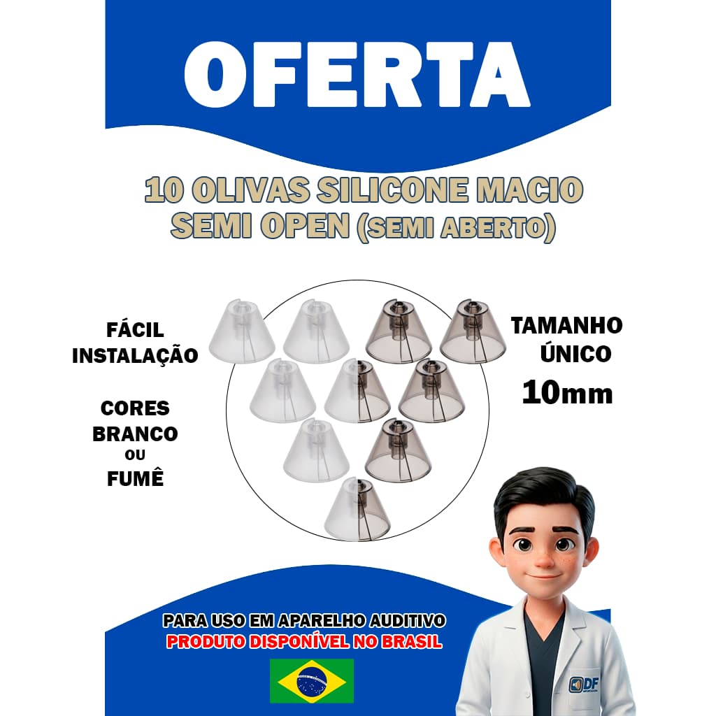 Pacote Com 10 Olivas Silicone Semi-Open ( Semi-Aberta ) Extra Macio para Aparelho Auditivo Tamanho Único