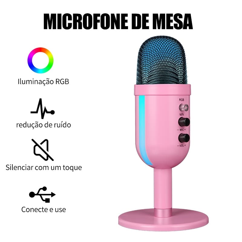 Microfone Condensador JI-M20S USB RGB Mesa Redução Ruído para Game Live Streaming