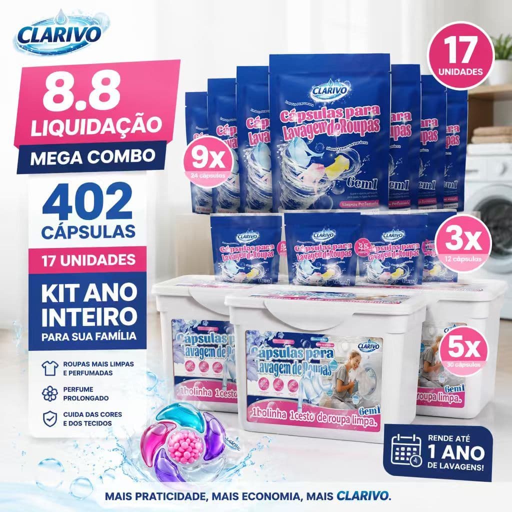 CLARIVO Combo Maxi Família 402 Cápsulas para Máquina de Lavar Praticidade e Economia Real