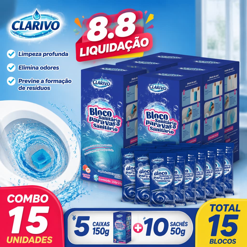 CLARIVO Kit Completo Bloco Sanitário para Banheiro 15 Unidades Limpeza e Frescor Diário
