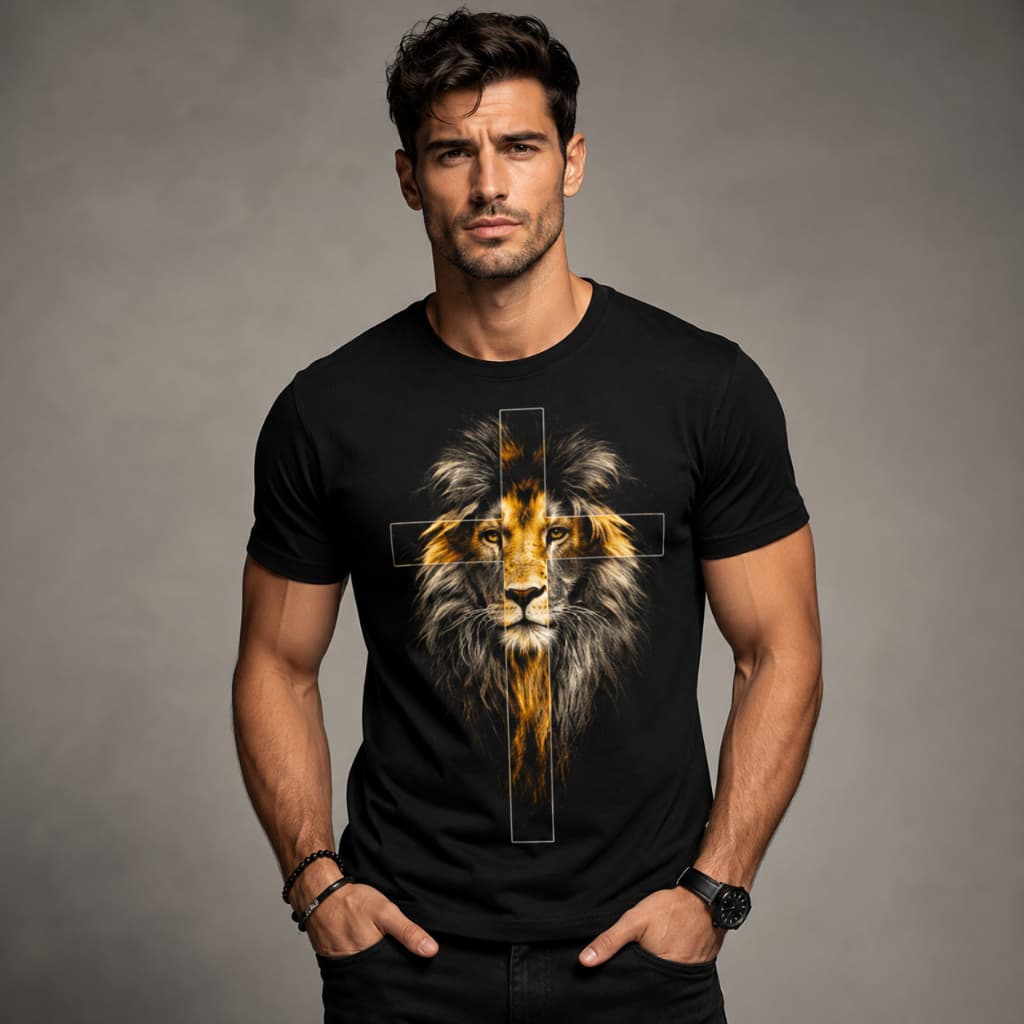 Camiseta Cristã Masculina Leão de Judá e Cruz – Algodão Premium