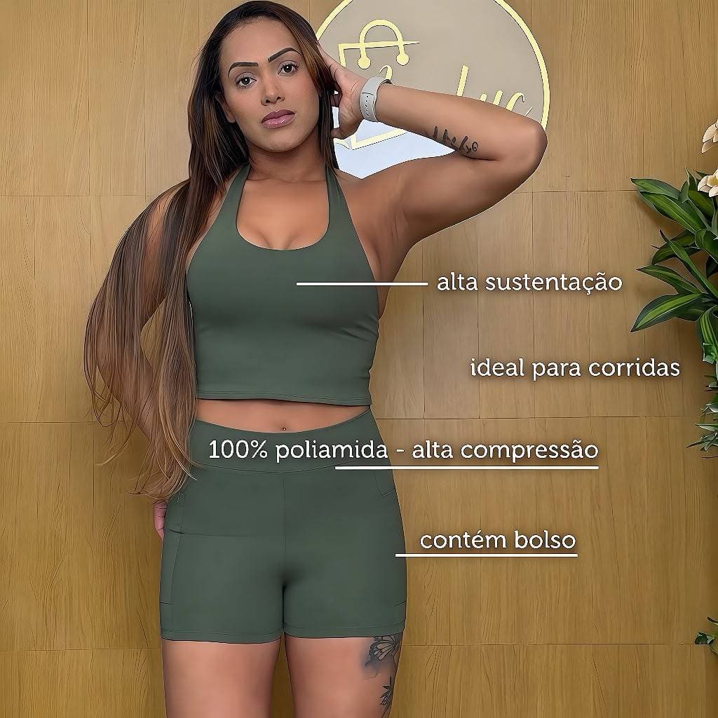 Conjunto Fitness Short Bolso Top Duplo Cós Alto Poliamida Regata Corrida Roupa de Treino Feminina