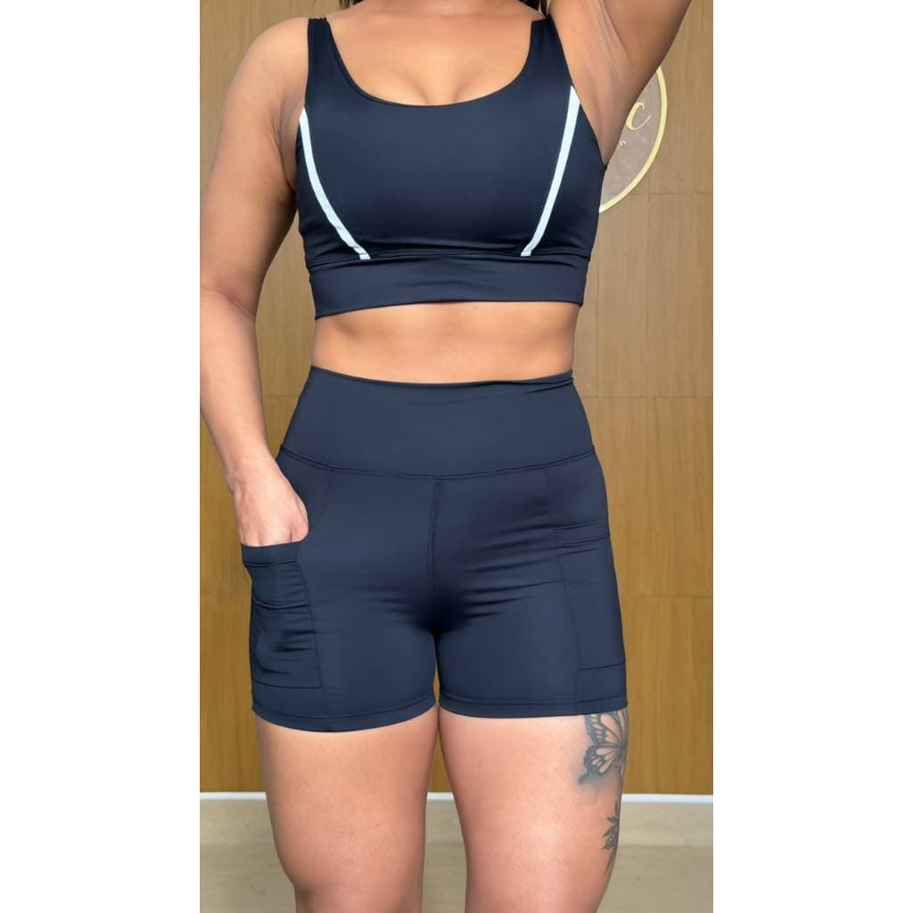 Conjunto Fitness Short E Top Duplo Cós Alto Poliamida Regata Corrida Roupa de Treino Feminina
