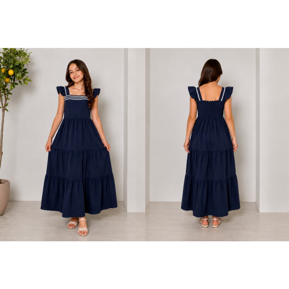 Vestido Longo Juvenil Camadas com Babados e Lastex nas Costas