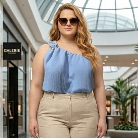 Blusa Plus Size Um Ombro Só com Fivela Dourada - Tecido Duna (G1 G2 G3)