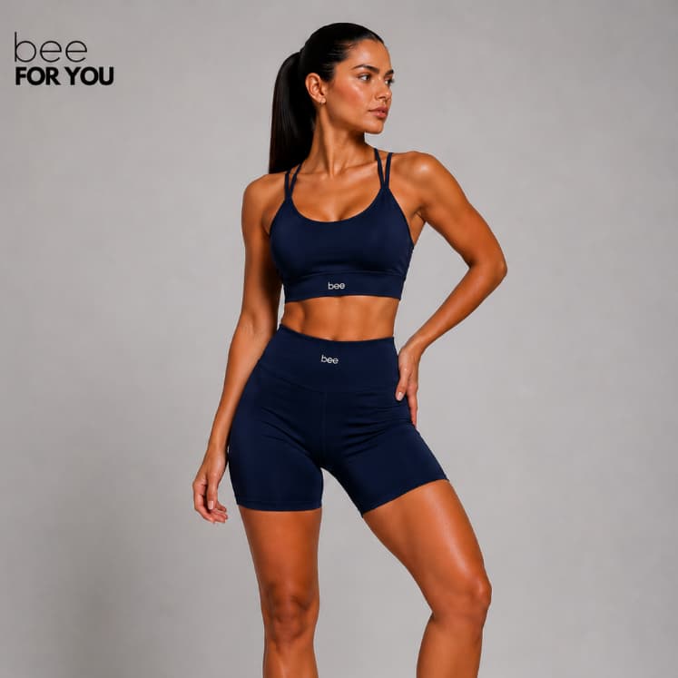 Conjunto Fitness Feminino Bee Basic Sem Bolso Cropped com Bojo e Short Cintura Alta Compressão Treino Academia
