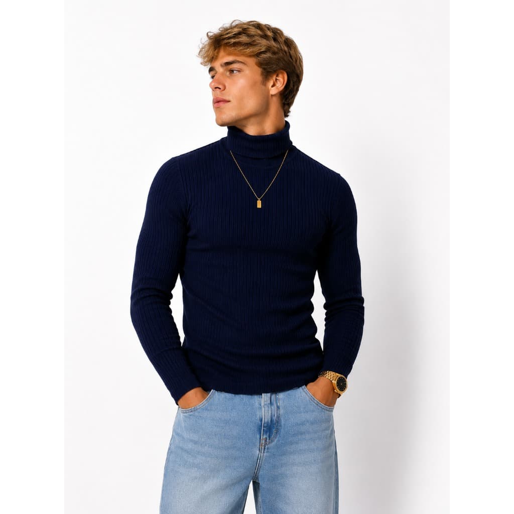 Camiseta Masculina Manga Longa Gola Alta Malha Canelada Slim Blusa Masculina de Frio Inverno Térmica Premium
