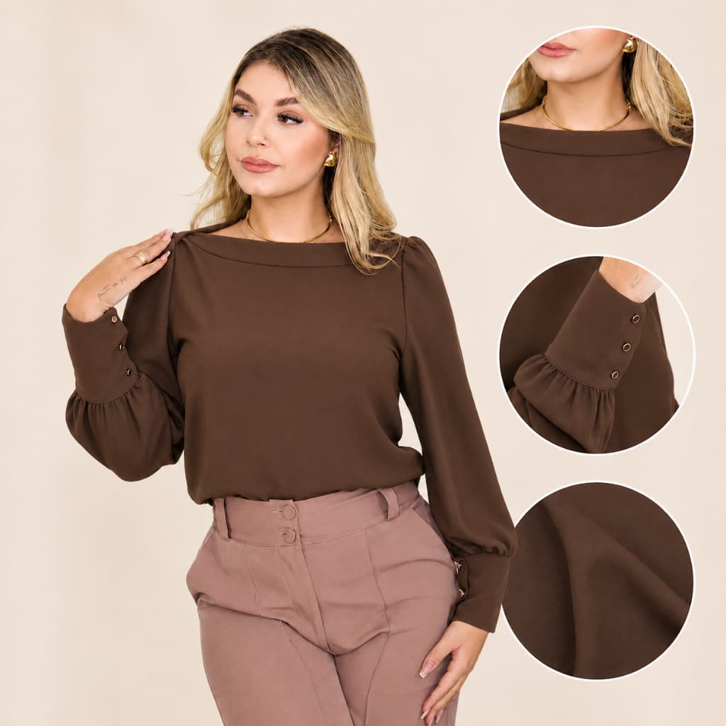 Blusa feminina manga longa gola canoa tecido duna Premium