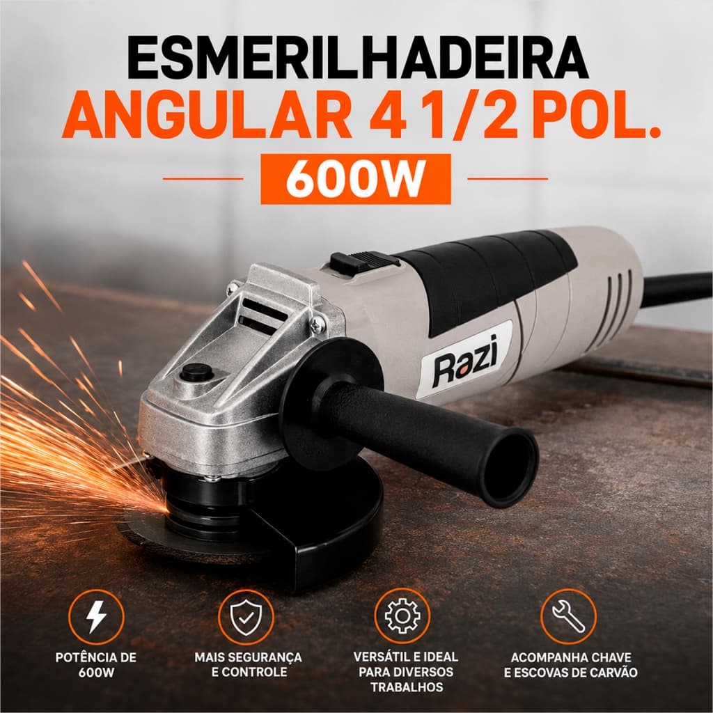 Lixadeira Angular Razi 600W Esmerilhadeira 4.1/2Pol Esmerilhadeira Profissional Elétrica + Potência
