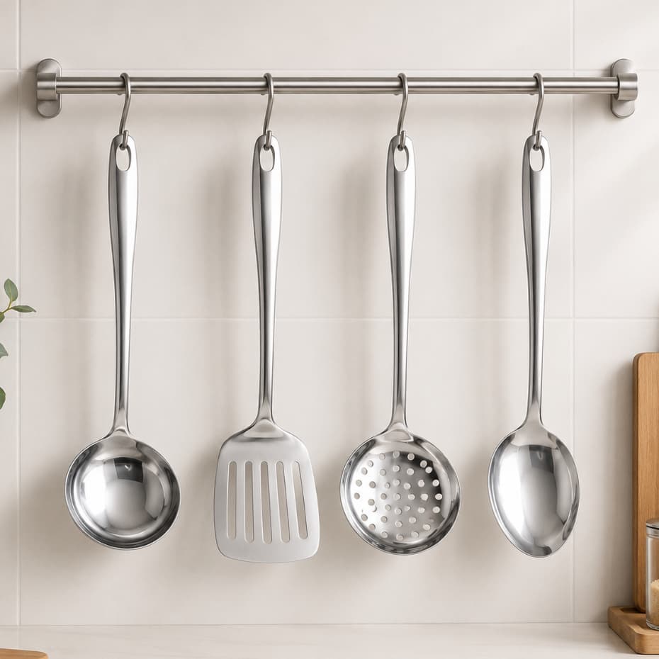 Kit 4 Utensílios Cozinha Inox 304 Concha Colher Espátula Escumadeira