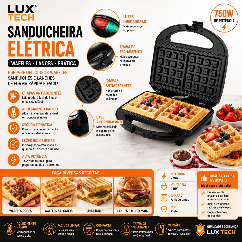 Sanduicheira Elétrica Waffles Máquina 750W Lanches Voltagem:110V